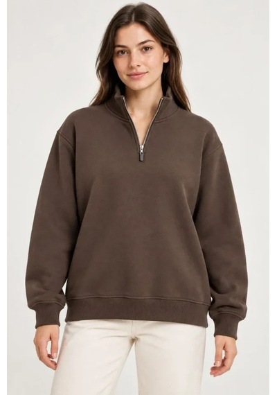 DefyModa Üç İplik İçi Şardonlu Dik Yaka Yarım Fermuarlı Kışlık Sweatshirt - Kahverengi