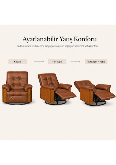 Smarto Relax Miami Elektrikli Masajlı Döner Sallanan Tv Koltuğu Kontrol Panelli Ahşap Yan Panelli Gerçek Deri Baba Koltuğu Açık Kahverengi