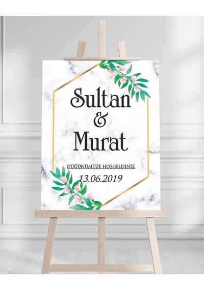 Söz Nişan Düğün İçin 50x70 Karşılama Panosu - Mermer Ve Çiçek Tasarımlı Beyaz