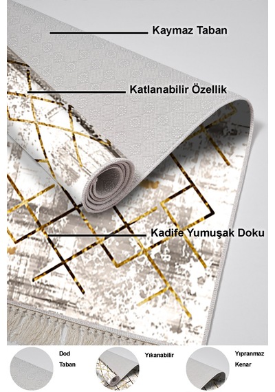 Dekoreko Kaymaz Taban Djt Salon Halısı Trend Saçaklı Modern M5026 Gold