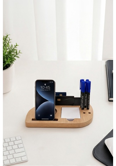 Deskmate Safir Meşe Telefon Standlı Mdf Masaüstü Organizer Kalemlik & Notluk & Kartlık
