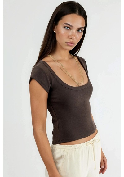 Hiccup Busem Slim Fit Ribana U Yaka Bluz Kahve Kahvesi