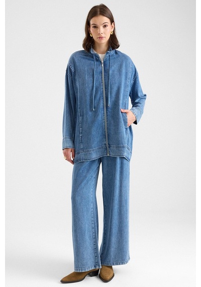 Olcay Fermuar Kapamalı Bağcık Detaylı Soft Denim Ceket Pantolon İkili Takım Mavi 9468-tk
