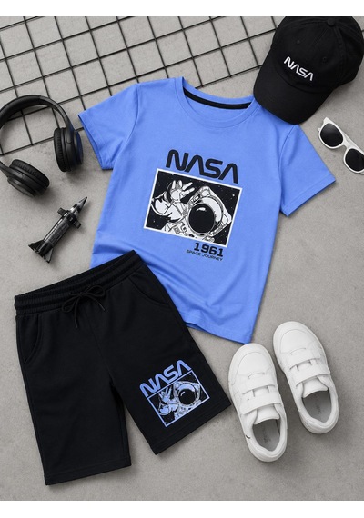 Durukoza Erkek Çocuk Nasa Baskılı Şortlu Takım Mavi Siyah Yazlık Takım 6-14 Yaş