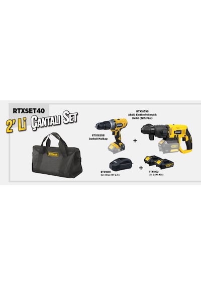 Rtrmax Akülü Rtx1820b Darbeli Matkap, Rtx1855b Pnömatik Matkap Seti