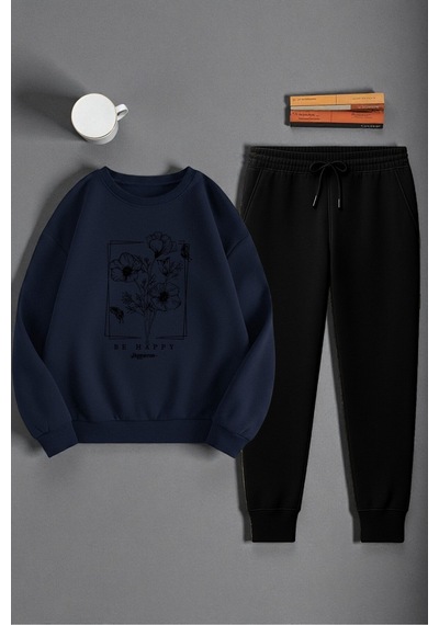 Uyguntarz Unisex Kurdele Tasarım Baskılı Bisiklet Yaka Sweatshirt 2'li Eşofman Takımı Lacivert