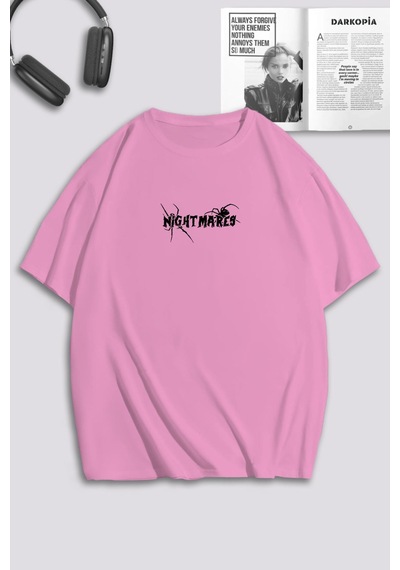 Unisex Kadın Erkek Night Mares Spiders Baskılı Özel Tasarım Oversize T-shirt Pembe Mck0175 Pembe