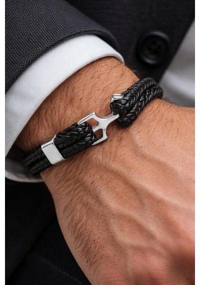Shadow Knot Hakiki Deri Örgü Çelik Detay Erkek Bileklik50-677 Antrasit