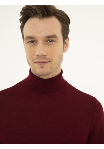 Cacharel Bordo Slim Fit Balıkçı Yaka Basic Triko Kazak Kırmızı
