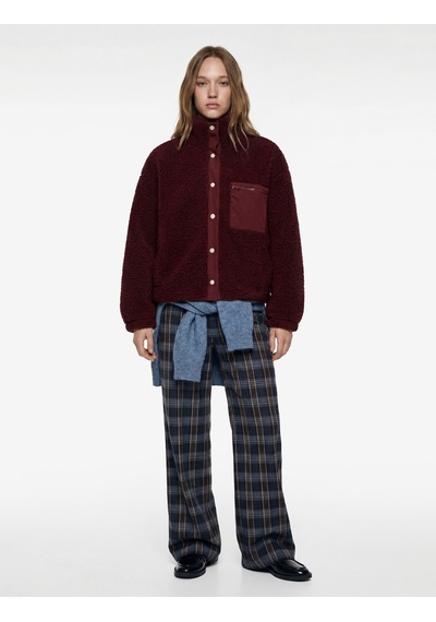 Koton Dik Yaka Fermuar Cep Detaylı Çıtçıt Düğmeli Oversize Peluş Ceket Bordo 6wal10088ık