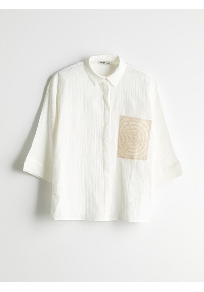 Lcwaıkıkı Classic Ekru Nakışlı Oversize Kadın Gömlek