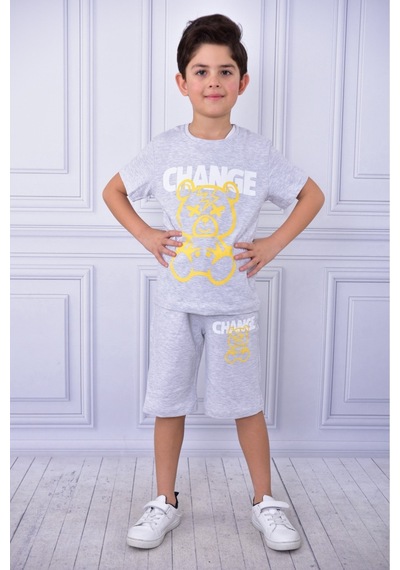 Veramoni Unisex Change Baskılı Çocuk Kısa Kol Yazlık Beli Lastikli Cepli Şort Alt Üst Takım Gri