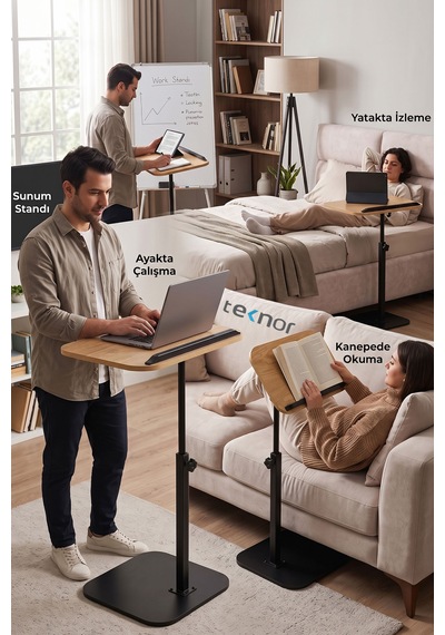 Teknor Ayarlanabilir Laptop Sehpası Mdf Tablalı Ayaklı Portatif Sehpa 30x40 Ebat Meşe