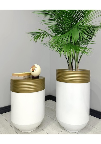 Elegant Dekoratif Eskitme Darbuka Parlak Beyaz Saksı 70cm + Sehpa 60cm İkili Set