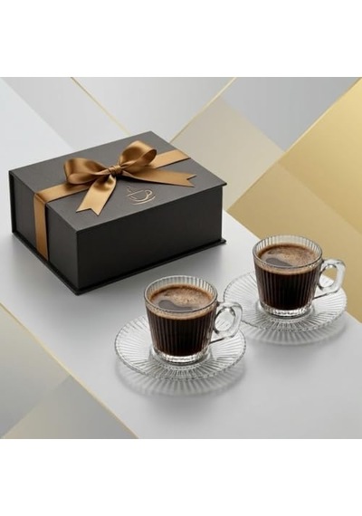 Tr 6'li Cam Kahve Fincanı Seti Çizgili Desenli Şeffaf Fincan Ve Tabak Takımı 8 Cm Espresso Türk Kahvesi Sunum Seti Genel