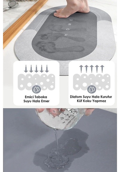 3,5 Mm 40x60 Oval Süper Su Emici Banyo Paspası Diyatom Abdest Paspası Banpas Gri
