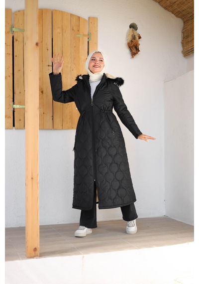 Harman Butik Kadın Tam Kürklü Kapüşonlu Kapitone Mont Siyah Siyah