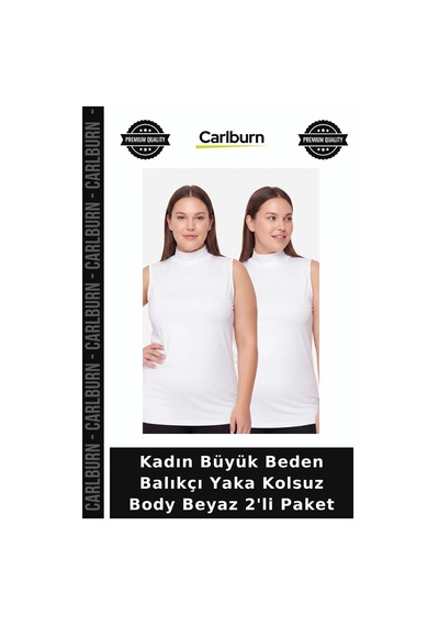 Carlburn Premium Kadın Büyük Beden Balıkçı Yaka Kolsuz Body Beyaz 2'li Paket Kombin Altı Rahat Bluz Beyaz-2