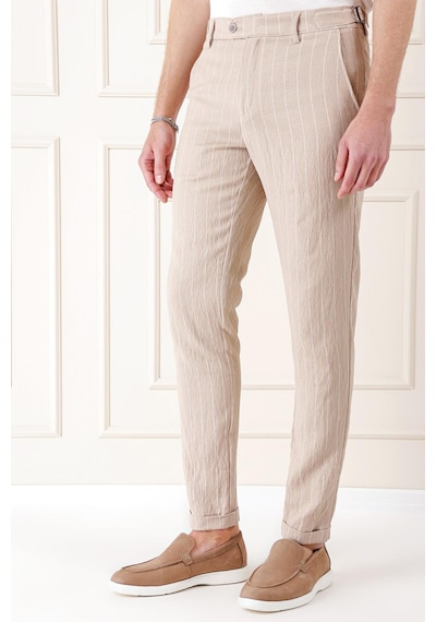 Efor Comfort Fit Yandan Tokalı Çizgili Keten Casual Bej Pantolon P 1151 Bej