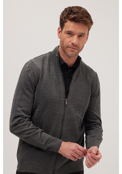 Tudors Erkek Slim Fit Dar Kesim Gri Dik Yaka Fermuarlı Düz Hırka-34916