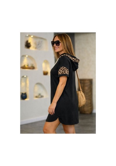 Butik İstanbul Kadın Kısa Kollu Kapşonlu Yakadan Bağcıklı Cep Detaylı Kısa Viskon Iki Iplik Elbise Siyah