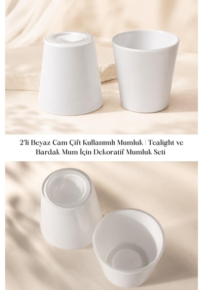 2 Li Beyaz Cam Çift Kullanımlı Mumluk Tealight Ve Bardak Mum Dekoratif Seti