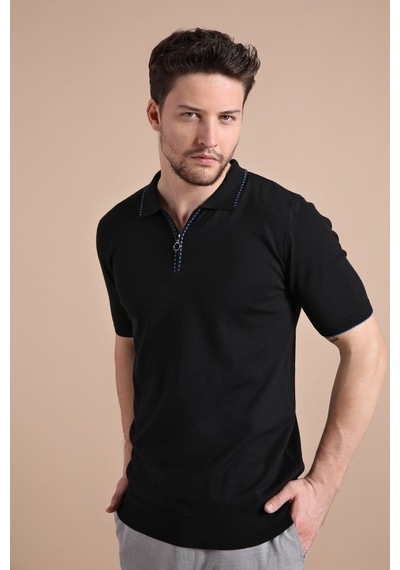 Ferraro Siyah Polo Yaka Fermuarlı Erkek Pamuk Triko T-Shirt-Siyah (417942930) Siyah