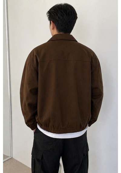 Tarz Cool Erkek Oversize Bomber Ceket Fermuarlı Basic Günlük Şık Mont Kahverengi