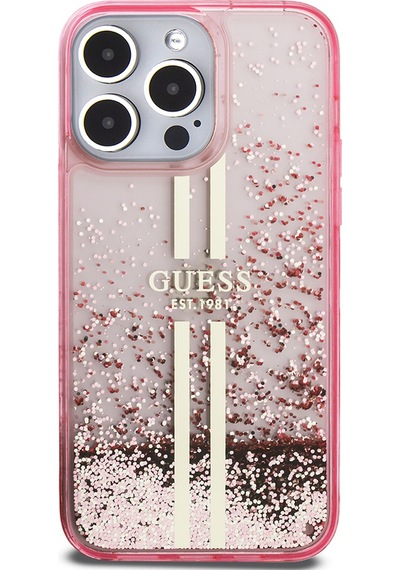 Apple Uyumlu iPhone 14 Pro Max Kılıf Guess Lisanslı Transparan Sıvılı Simli Altın Çizgili Kapak Pembe