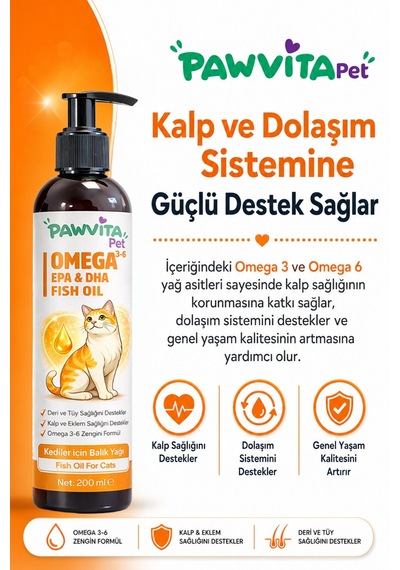 Pawvitapet Kediler Için Omega 3-6 Balık Yağı Tüy Ve Deri Bakımı Epa Dha Destekli 200 ML