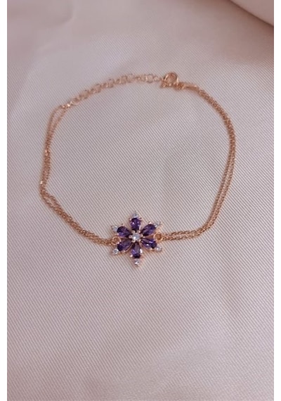 Mor Taşlı Lotus Çiçeği Bayan Bileklik Bbb22 Rose Gold