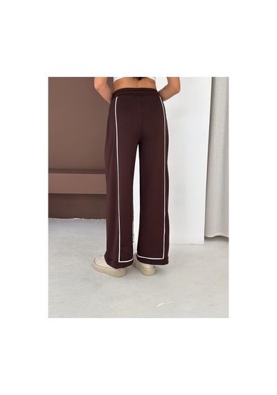Gugus Kadın Beyaz Şerili Modal Pileli Eşofman Altı Wide Leg Kahverengi