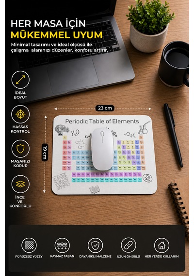 Periyodik Tablo Desenli Mouse Pad - 23x19 Cm Kaymaz Tabanlı Ergonomik Kimya Ve Bilim Fare Altlığı Çok Renkli