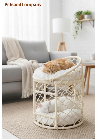 Lüks İki Katlı Kedi Köpek Evi, El Yapımı Özel Tasarım Örgü Kedi Yatağı, Modern Kedi Kulübesi Krem