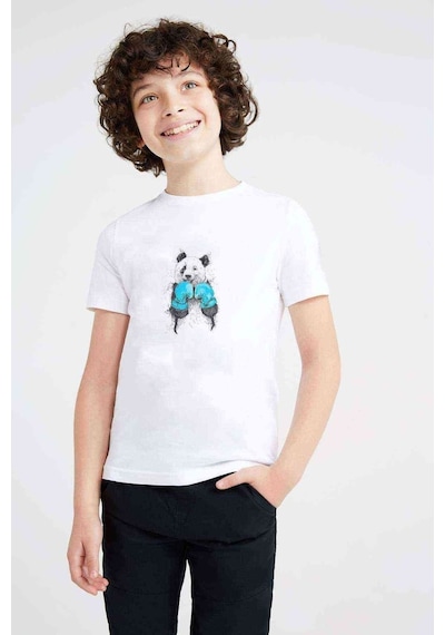 Tshirthane Panda Boxing Sketch Baskılı Unisex Çocuk Beyaz T-Shirt