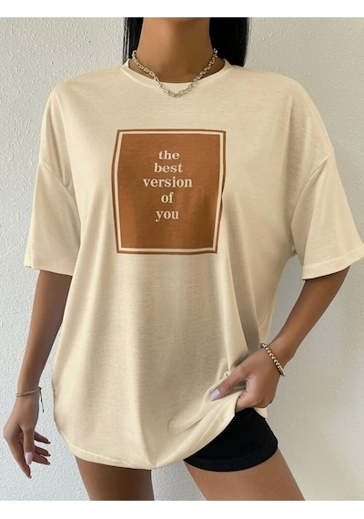 Startmore The Version Baskılı Oversize Unisex T-shirt Bej