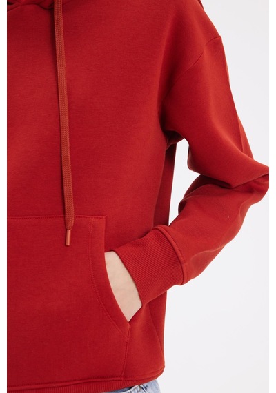 Tudors Kadın Oversize Geniş Kesim Pamuklu Yumuşak Dokulu İçi Polarlı Basic Kiremit Kapüşonlu Sweatshirt-37906 Kiremit