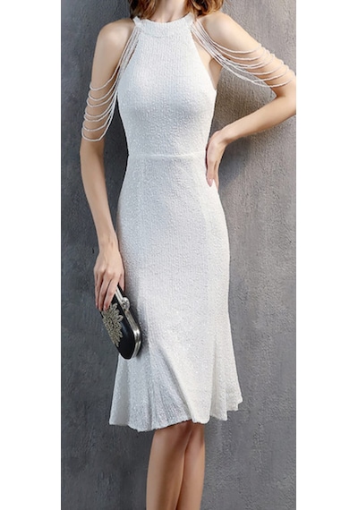 Hanife Glam Couture Hanife Glam Boncuk Detaylı Pulpayet Abiye Elbise Beyaz