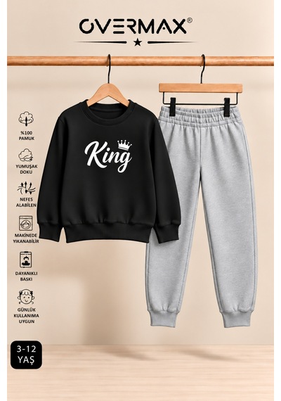 Overmax King Baskılı Çocuk Eşofman Takımı Kapüşonsuz Sweatshirt & Eşofman Altı Siyah Üst-gri Alt - 921711866 Siyah Üst-gri Alt