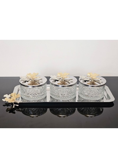 Atabey Home Collection 3'lü Kelebekli Gümüş Tepsili Kase Seti & Şekerlik & Sunumluk & Çerezlik
