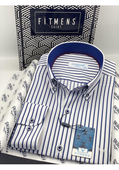 Slim Fit Uzun Kol Premium Kalın Çizgili Yaka Düğmeli Hediye Kutulu Kolay Ütülenebilir Erkek Gömlek Fs-001375 - Beyaz Saks Mavi-1491