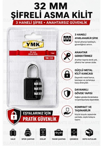 Premium 32 Mm Şifreli Asma Kilit 3 Haneli Kombinasyonlu Anahtarsız Güvenlik Kilidi Valiz Dolap Çanta