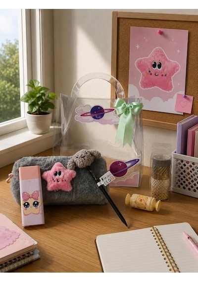 Sevimli Yıldız Temalı Kırtasiye Seti/peluş Kalem Kutusu, Hb Kalem, Silgi, Washi Bantlar, Kalemtıraş Gri - Pembe