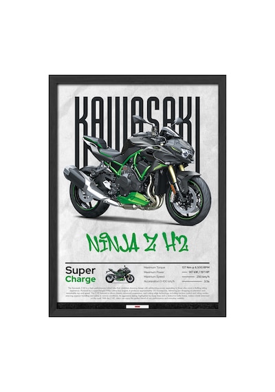 Kawasaki Ninja Z H2 Siyah Ahşap Çerçeveli Poster, Dekoratif Motosiklet Duvar Tablosu