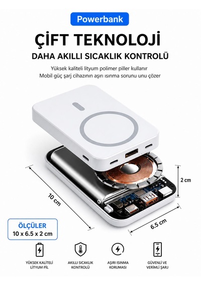 12.000mah 5w Mıknatıslı Powerbank Micro Type-c Şarjlı Hızlı Şarj Taşınabilir Standlı 4 Çıkış 3 Giriş 10w Hızlı Şarj Kablosuz Uyumlu Şarj Açık Gri