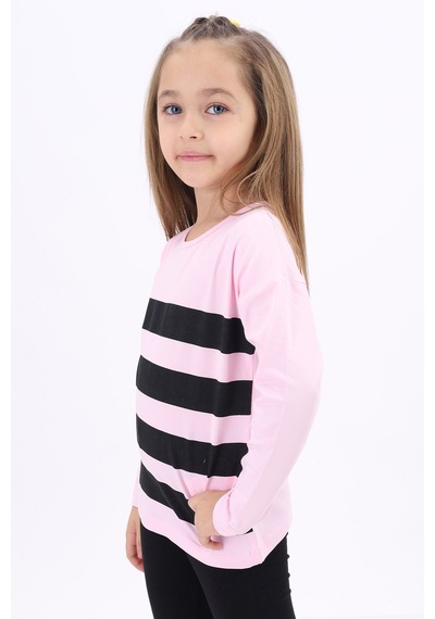 Toontoy Kids Toontoy Kız Çocuk Baskılı Bisiklet Yaka Uzun Kollu Çizgili Tişört Pembe