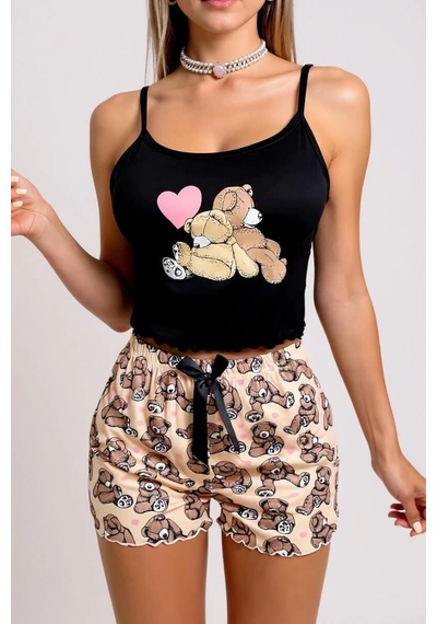 Colezium Ayıcık Desenli Askılı Şortlu Kadın Pijama Renkli
