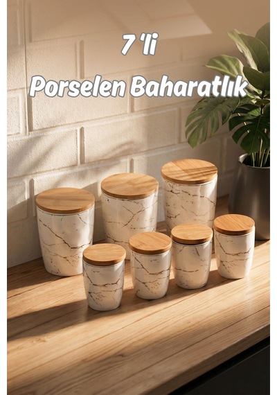 Porsima Pxm2673-7/s Marble 7 Parça Bambu Vakum Kapaklı Porselen Baharat Takımı Baharatlık Seti Diğer