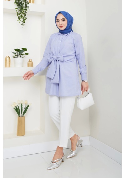 Çizgili Poplin Bağlamalı Gömlek - Mavi / Ü103 Mavi
