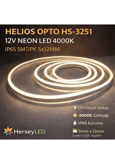 12v Neon Led 4000k Ip65 5mt/pk 5x12mm - Helios Opto Hs-3251 Diğer